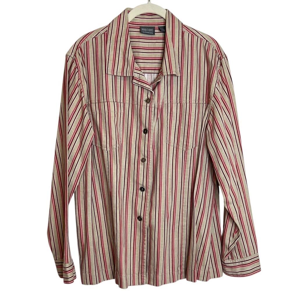 Additions by Chicos Womens Linen Blend Shirt Size 3 US XL Beige Red Striped